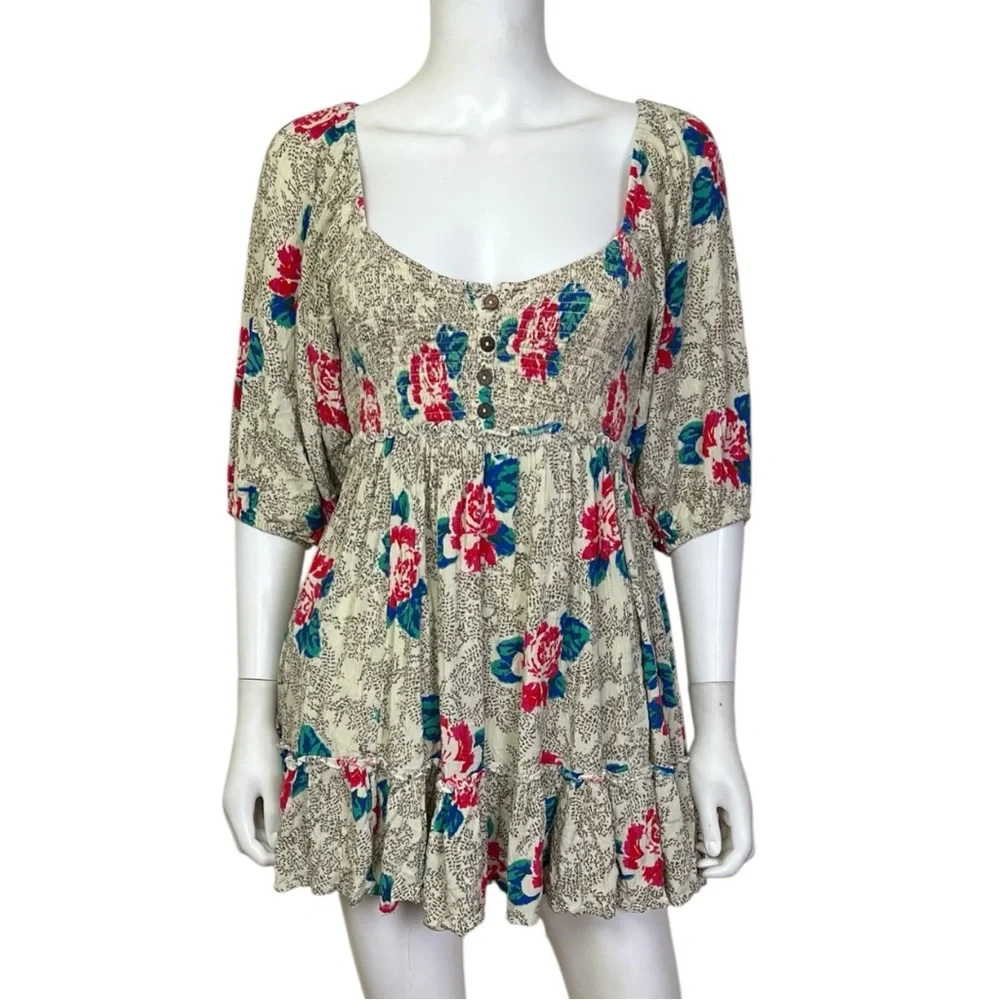 Free People Summer Picnic Printed Mini Dress in Creme - sz XS